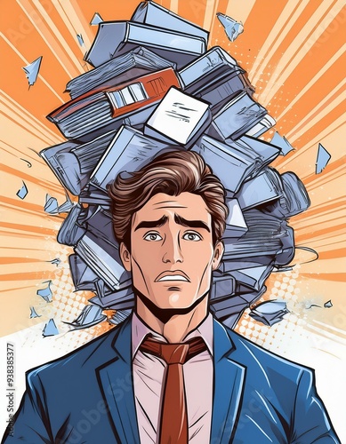 Person under heavy burden pressure, loaded with tasks. Problems and duties overload concept. Man with difficulties, troubles and misfortunes. Comic book lliustration photo