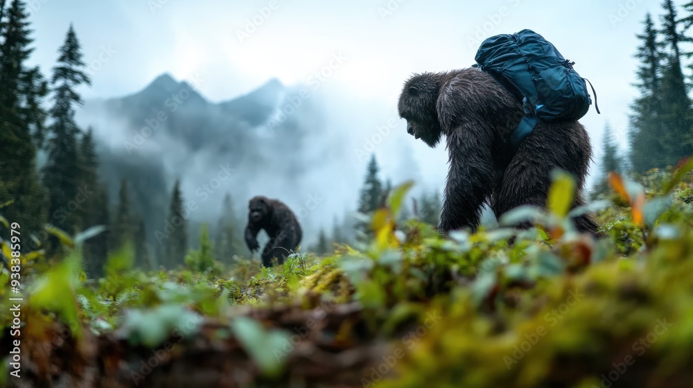 A backpacker navigates the foggy forest terrain with mountains in the backdrop, focusing on the spirit of adventure, solitude, and perseverance in nature. A backpacker navigates the foggy forest terrain with mountains in the backdrop, focusing on the spirit of adventure, solitude, and perseverance in nature.