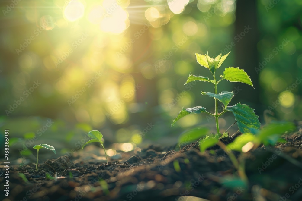 A tiny plant is emerging from the earth, with green leaves and roots visible A tiny plant is emerging from the earth, with green leaves and roots visible