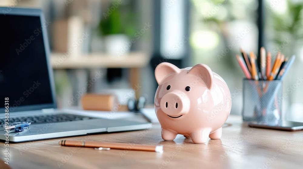 A pink ceramic piggy bank is placed on a well-organized wooden desk in an office, symbolizing financial savings, prudent budgeting, and future financial security. A pink ceramic piggy bank is placed on a well-organized wooden desk in an office, symbolizing financial savings, prudent budgeting, and future financial security.