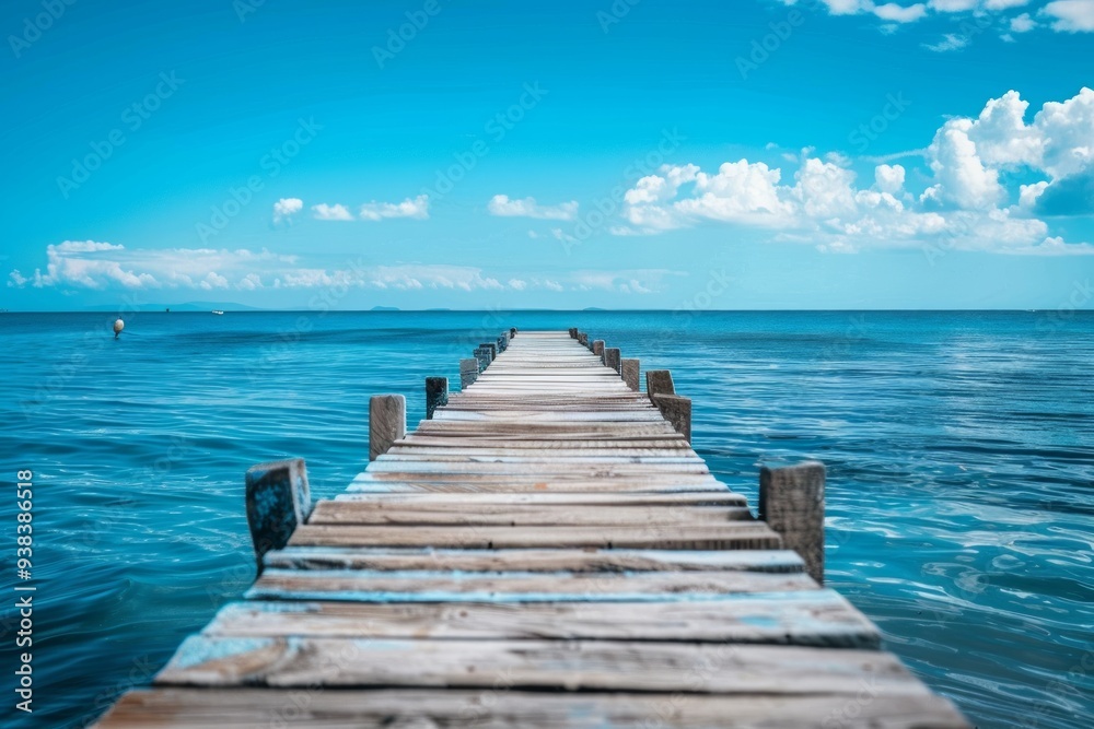 Serene imagery of an old wooden pier stretching into the vast blue ocean, perfect for themes of tranquility and nature.