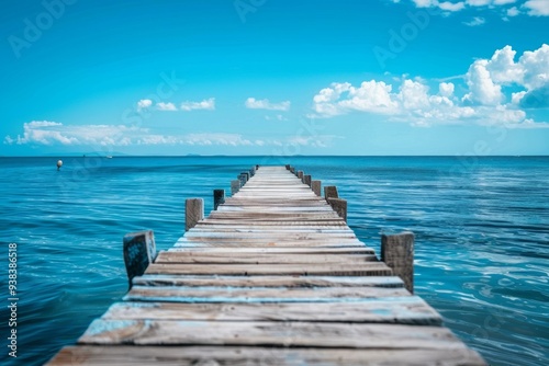 Serene imagery of an old wooden pier stretching into the vast blue ocean  perfect for themes of tranquility and nature.