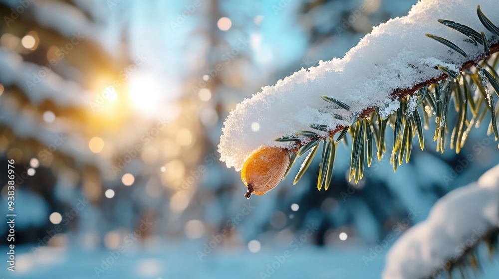 Φωτογραφία A delicate pine branch in winter adorned with snow and a single pinecone, bathed in soft natural light, creates an enchanting and serene scene evocative of peaceful seasonal beauty