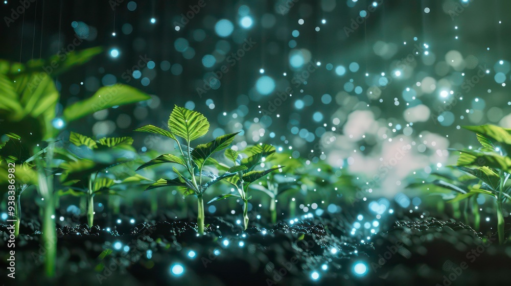Close-up of green sprouts emerging from dark soil with glowing orbs floating around them. Close-up of green sprouts emerging from dark soil with glowing orbs floating around them.