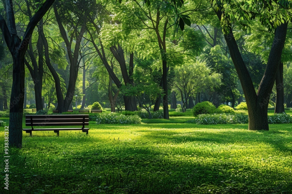 A wooden park bench surrounded by lush greenery in a peaceful park setting A wooden park bench surrounded by lush greenery in a peaceful park setting