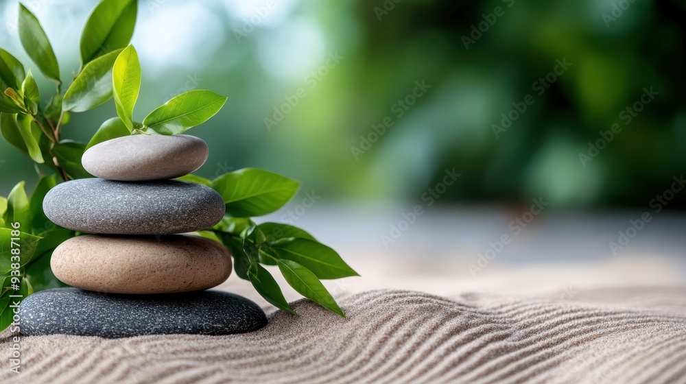 A harmonious arrangement of stacked smooth stones and green foliage on a rippled sand surface, symbolizing serenity, balance, and the tranquility of nature. A harmonious arrangement of stacked smooth stones and green foliage on a rippled sand surface, symbolizing serenity, balance, and the tranquility of nature.
