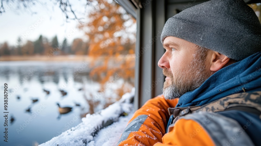 Φωτογραφία A hunter wearing a gray beanie and orange vest observes a calm lake with ducks during a snowy day, encapsulating a tranquil moment and the beauty of winter hunting