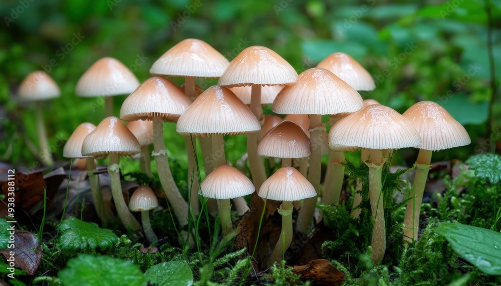 Group of delicate, pale mushrooms emerging from lush green forest floor in the morning light of a serene woodland setting Group of delicate, pale mushrooms emerging from lush green forest floor in the morning light of a serene woodland setting