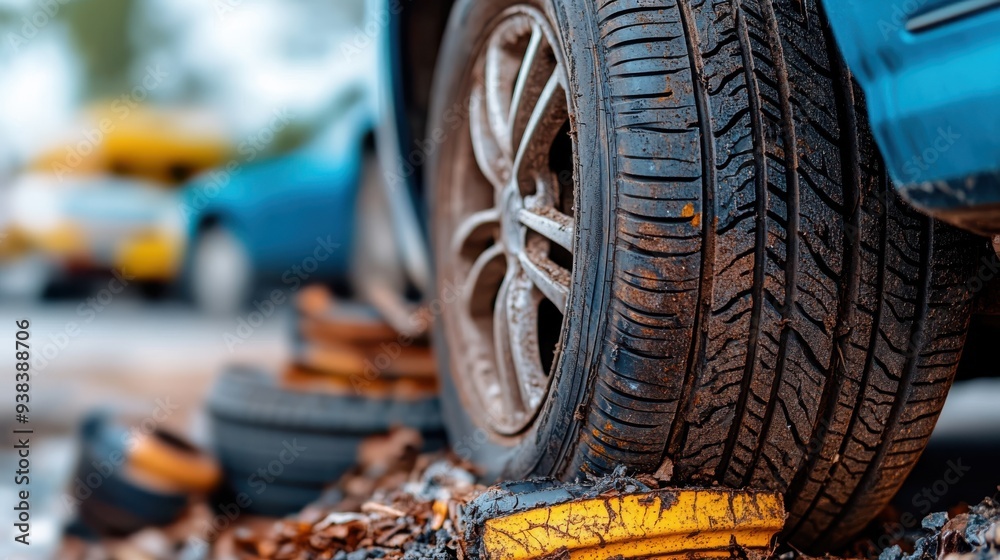 A focused shot depicting a car tire forcefully crushing a yellow road barrier, emphasizing the tire tread, the barrier's deformation, and the surrounding debris from the force. A focused shot depicting a car tire forcefully crushing a yellow road barrier, emphasizing the tire tread, the barrier's deformation, and the surrounding debris from the force.
