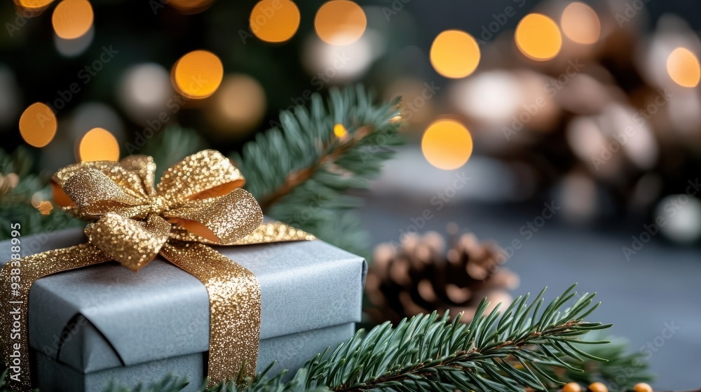 A close-up of a stylishly wrapped present with a shiny golden bow, nestled among holiday decorations, capturing the essence of festive cheer and holiday gifting. A close-up of a stylishly wrapped present with a shiny golden bow, nestled among holiday decorations, capturing the essence of festive cheer and holiday gifting.
