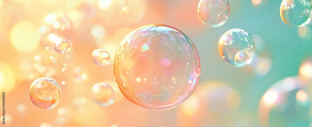 Delicate Banner with Soap Bubbles Floating Over Pastel Background Delicate Banner with Soap Bubbles Floating Over Pastel Background