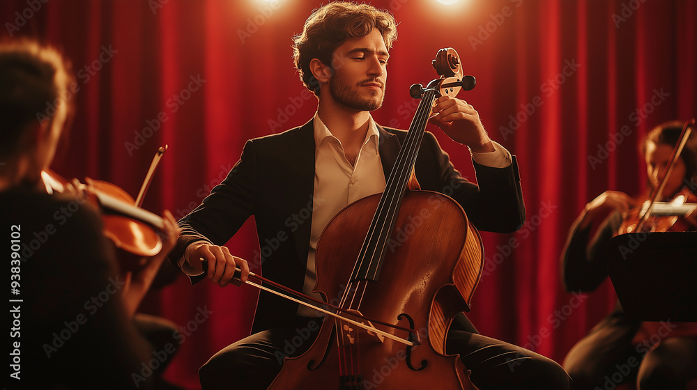 Fototapeta premium Handsome young Male classical music artist passionately playing cello with string quartet musicians sitting in circle in studio with contrast top light against red curtains