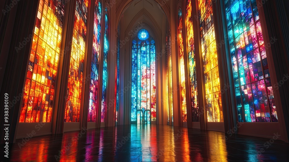 Obraz premium A large room with many colorful stained glass windows