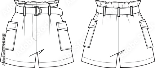Women's Belted Paperbag Waist Shorts. Technical fashion illustration with side pockets. Front and back, white color. Women's CAD mock-up.