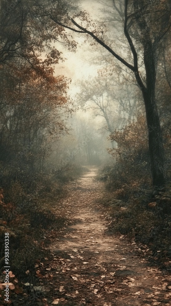 Fototapeta premium A path through a forest with trees and leaves on the ground