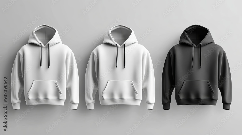 Set of realistic white gray and black hoodie base garments isolated on a clean background Collection of blank mockups for branding fashion for both men and women 3D vector illustration Set of realistic white gray and black hoodie base garments isolated on a clean background Collection of blank mockups for branding fashion for both men and women 3D vector illustration