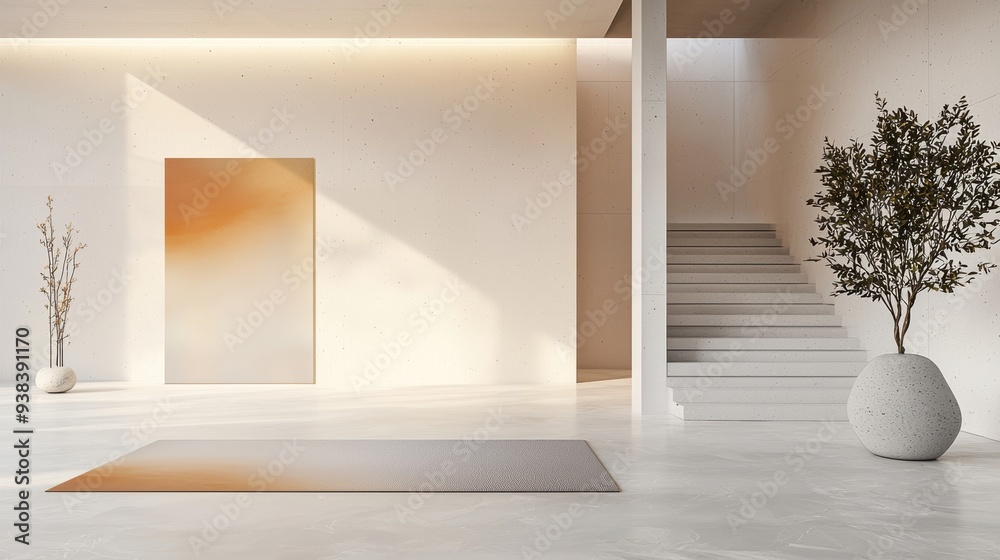 Modern Art Gallery Entrance with Gradient Doormat Mockup in Minimalist Decor Modern Art Gallery Entrance with Gradient Doormat Mockup in Minimalist Decor