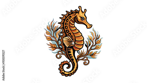 Design a vector illustration of a seahorse with a detailed and ornate design, featuring a curled tail and vibrant colors, against a white background.