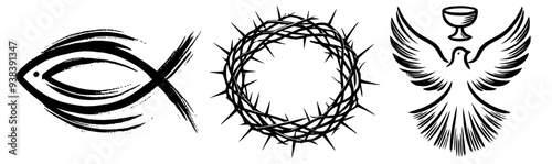 The fish a religious symbol and a crown of thorns vector illustration black white religion catholic