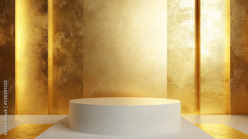 “A 3D rendered podium featuring a golden background with a white basement. The podium’s sleek design contrasts the luxurious golden backdrop with a clean, minimalistic white base, “A 3D rendered podium featuring a golden background with a white basement. The podium’s sleek design contrasts the luxurious golden backdrop with a clean, minimalistic white base,