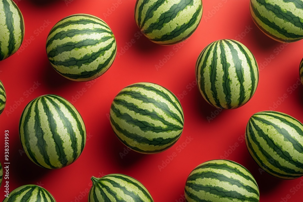 Display of different whole fresh watermelons on a red background with shadows. Summer season fruit