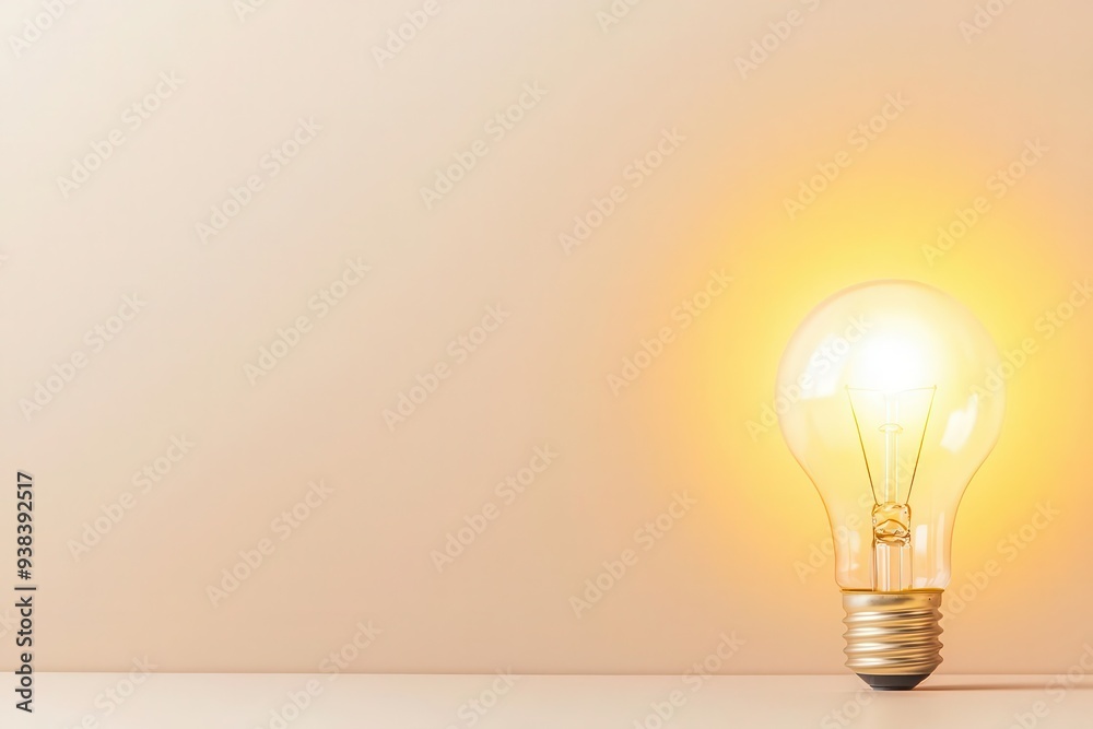 Bright glowing incandescent light bulb on clean beige background for creative idea, innovation, and inspiration concepts. Bright glowing incandescent light bulb on clean beige background for creative idea, innovation, and inspiration concepts.