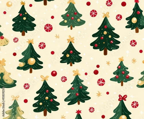 Cute Christmas tree doodle pattern featuring festive ornaments and colors