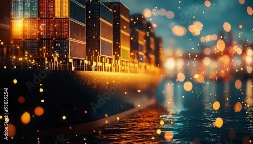 A vibrant shot of a container ship docked at a port during the evening, with bokeh lights reflecting on the water.