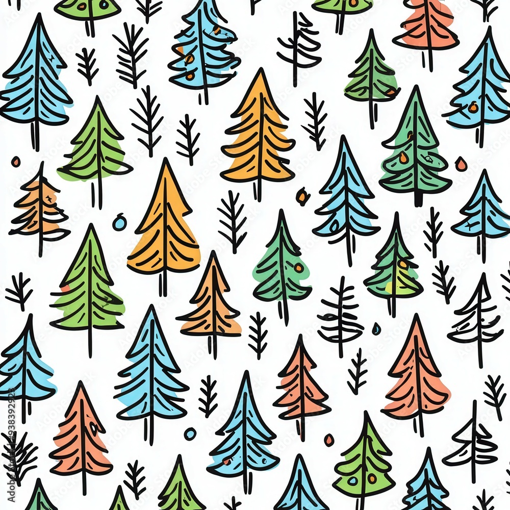 Obraz premium Colorful Christmas tree doodle pattern on white background