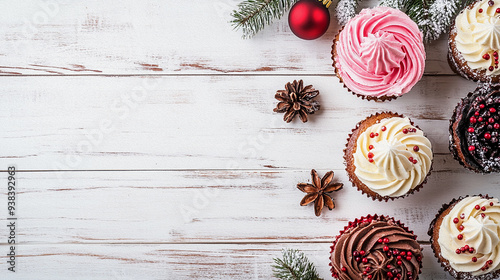 Frame of cup cake decorative with christmas theam on white woodden table  
