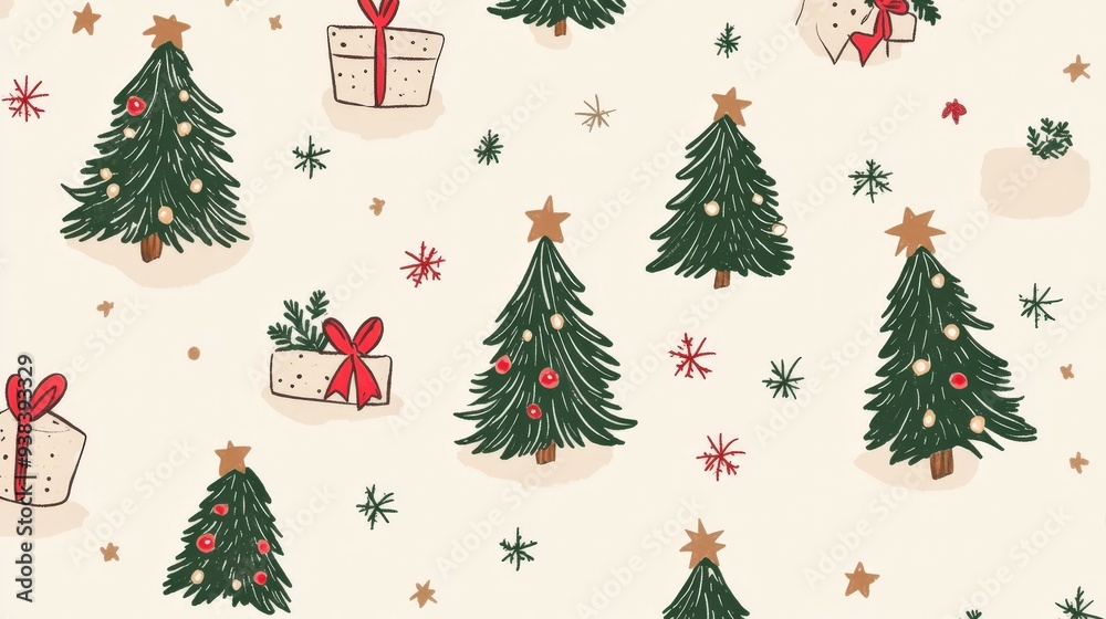 Charming Christmas tree doodle pattern with gifts and festive elements Charming Christmas tree doodle pattern with gifts and festive elements