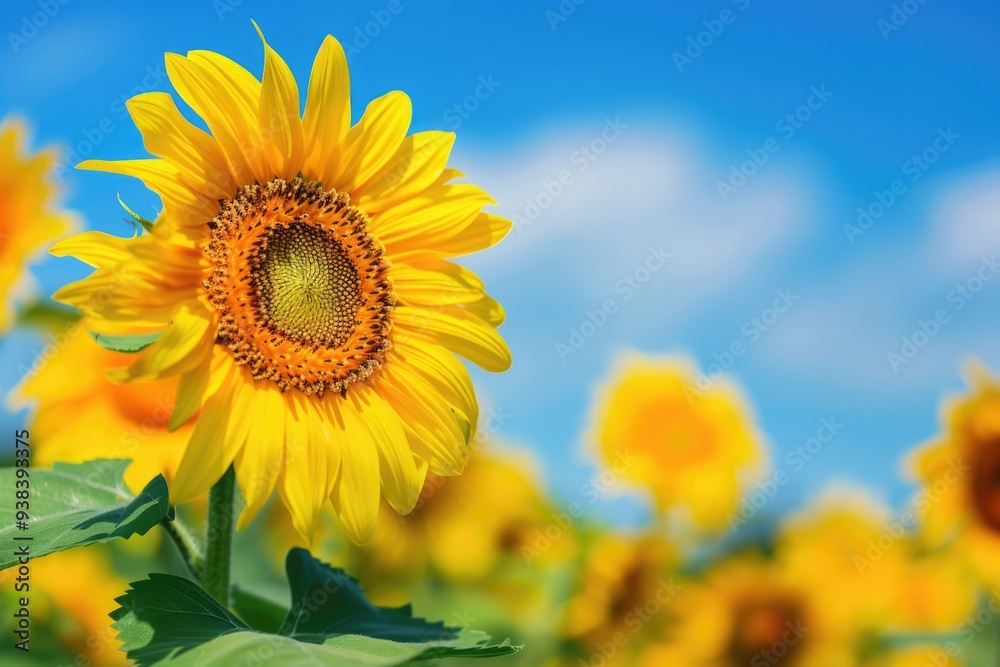 A bright yellow field of sunflowers against a clear blue sky, ideal for use in agricultural or nature-themed projects A bright yellow field of sunflowers against a clear blue sky, ideal for use in agricultural or nature-themed projects