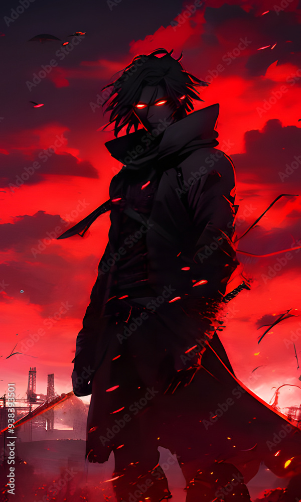 Scary Anime Character with Red Eyes in a Fiery Fantasy World silhouette Scary Anime Character with Red Eyes in a Fiery Fantasy World silhouette