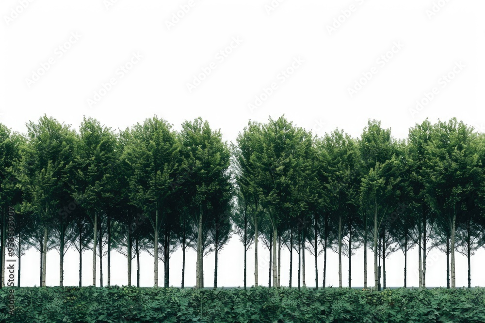 Fototapeta premium A row of trees stands out against a bright and clear white sky, perfect for nature or landscape photography