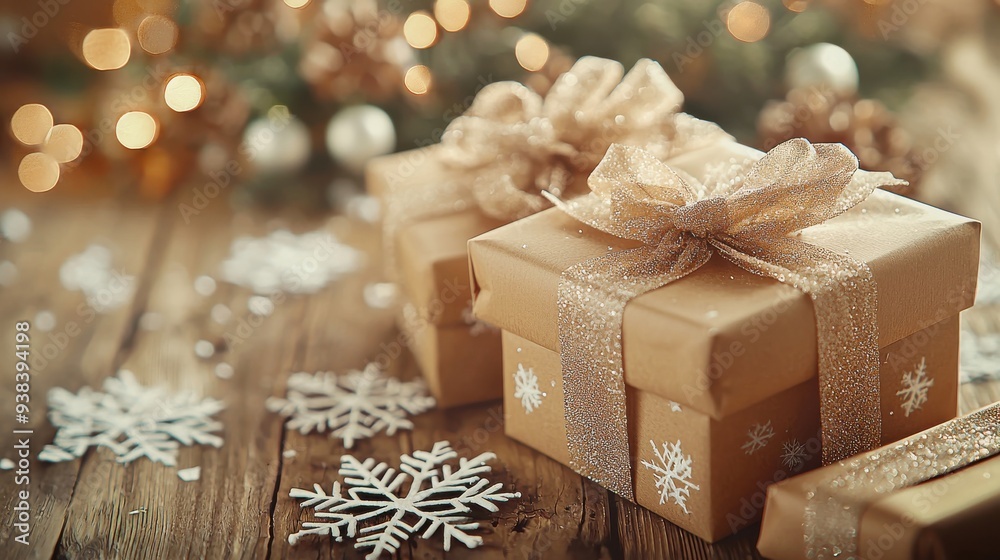 Christmas gift boxes with ribbons and paper snowflakes scattered on a wooden surface. Bright, monochromatic background highlights festive details in a clean, creative way. Christmas gift boxes with ribbons and paper snowflakes scattered on a wooden surface. Bright, monochromatic background highlights festive details in a clean, creative way.