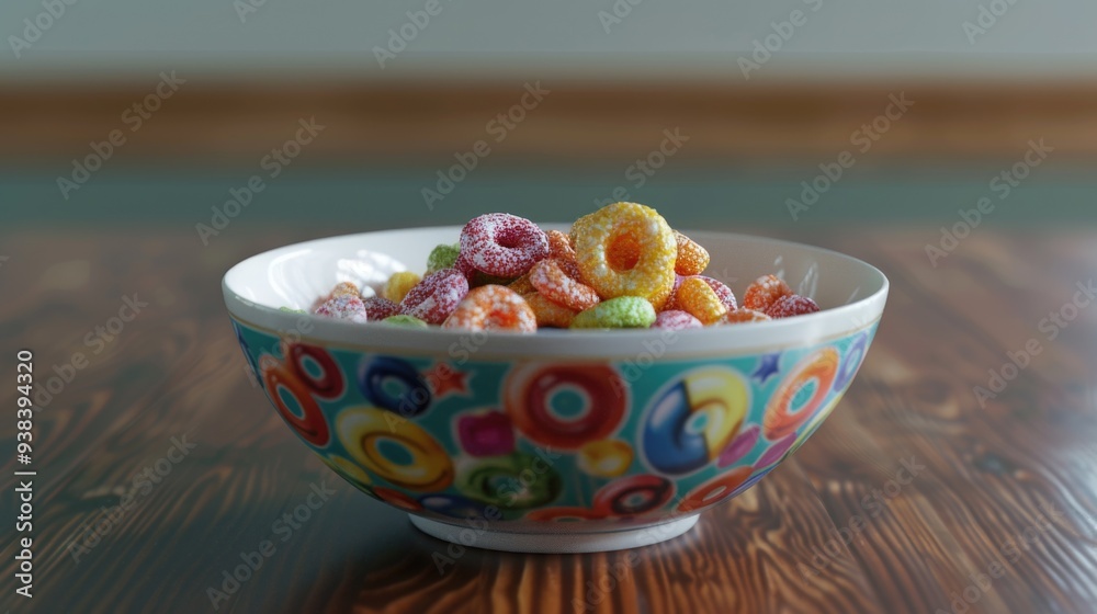 A bowl of cereal sitting on a table, ready for breakfast or snack A bowl of cereal sitting on a table, ready for breakfast or snack