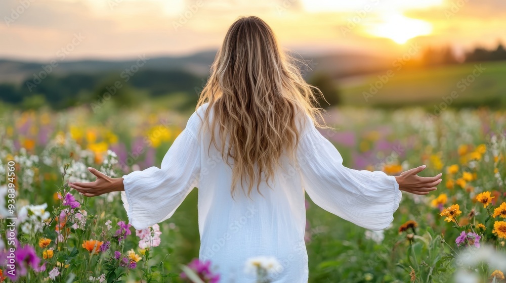 A woman dressed in white with long, flowing hair stands in a vibrant flower field, embracing nature and freedom, as the sun sets in the horizon, symbolizing peace and joy. A woman dressed in white with long, flowing hair stands in a vibrant flower field, embracing nature and freedom, as the sun sets in the horizon, symbolizing peace and joy.
