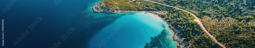 Aerial view of tranquil turquoise waters and lush coastline at sunrise Aerial view of tranquil turquoise waters and lush coastline at sunrise