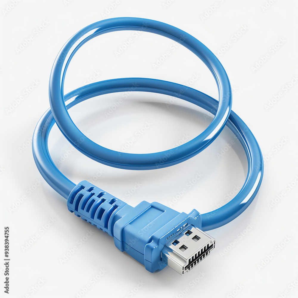 A light blue cable with a silver USB connector.
A light blue cable with a silver USB connector.