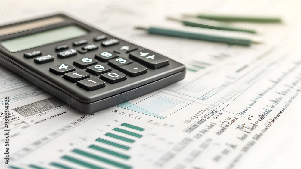 Financial Calculations and Data Analysis on Desk with Calculator and Graphs Financial Calculations and Data Analysis on Desk with Calculator and Graphs