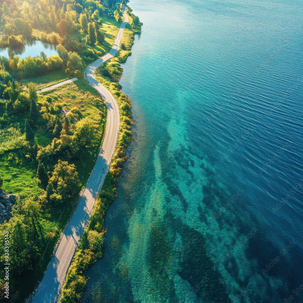 Scenic view of a winding road beside a clear lake in summer Scenic view of a winding road beside a clear lake in summer