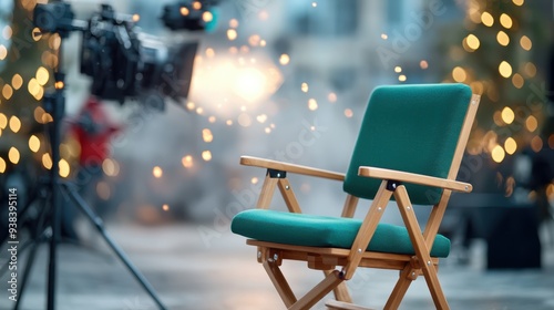 A director's chair placed adjacent to a film set in an outdoor environment, with bokeh lights illuminating the background, signifying creativity and artistic expression. photo