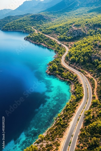 Scenic coastal highway winding through lush greenery by turquoise waters