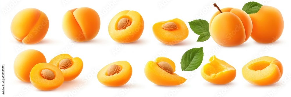 Whole and Sliced Apricots with Seeds and Green Leaves Whole and Sliced Apricots with Seeds and Green Leaves