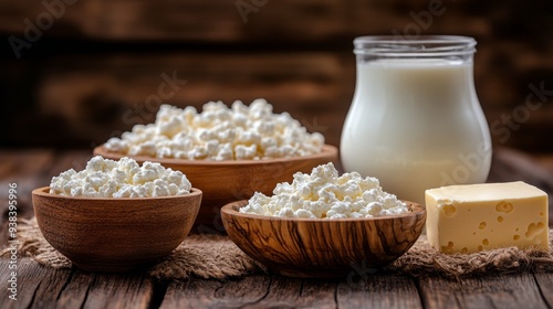 Freshly made cottage cheese and milk in rustic bowls on a wooden table