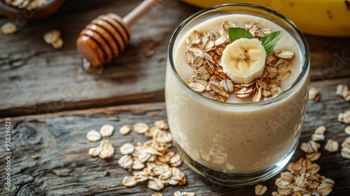 Banana smoothie with oats and honey on a wooden table