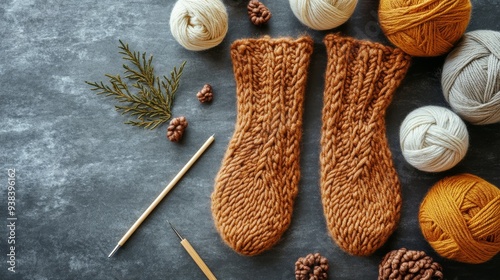Knitted sock with colorful yarn and tools on a textured surface in a craft wo...