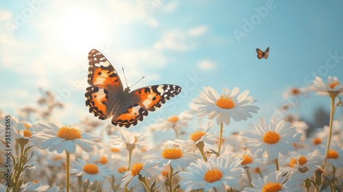 Butterfly fluttering above daisies in a sunlit garden during a warm afternoon