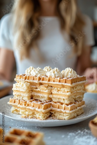 Young woman serving freshly baked waffles in a cozy kitchen during morning hours