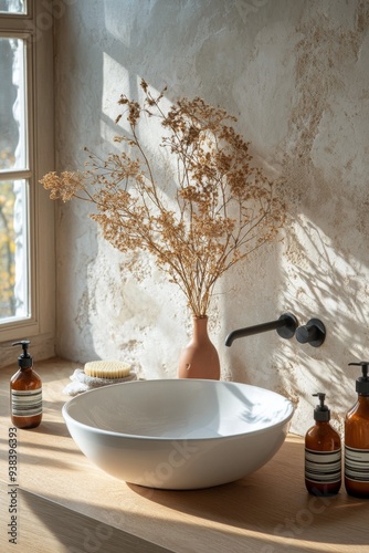 Elegant bathroom sink setup with natural light and plants near a window